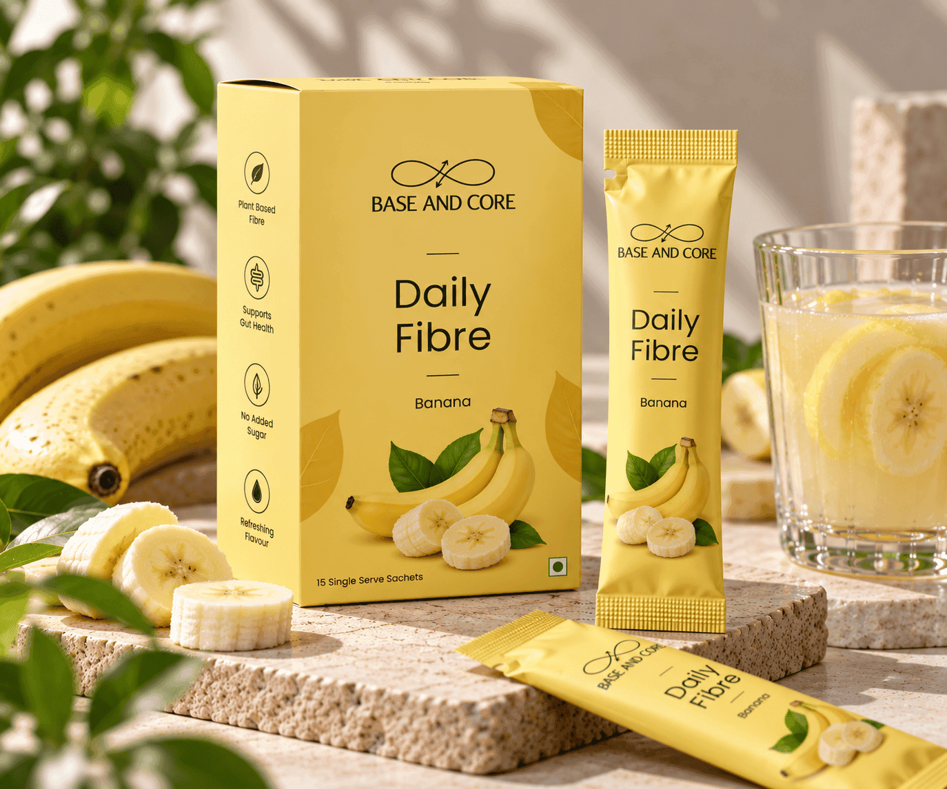 Base and Core Daily Fibre banana box and sachet