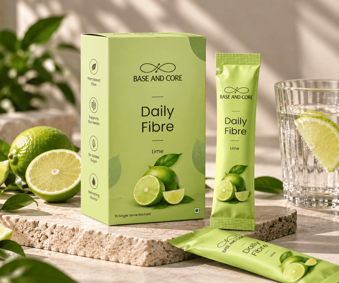 Base and Core Daily Fibre lime box and sachet next to a glass of water