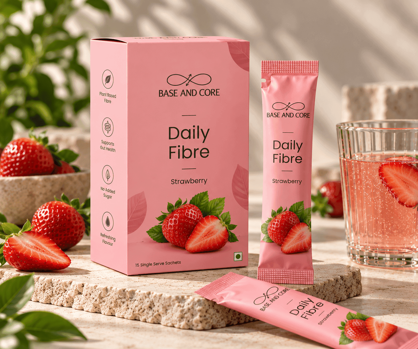 Base and Core Daily Fibre strawberry box and sachet